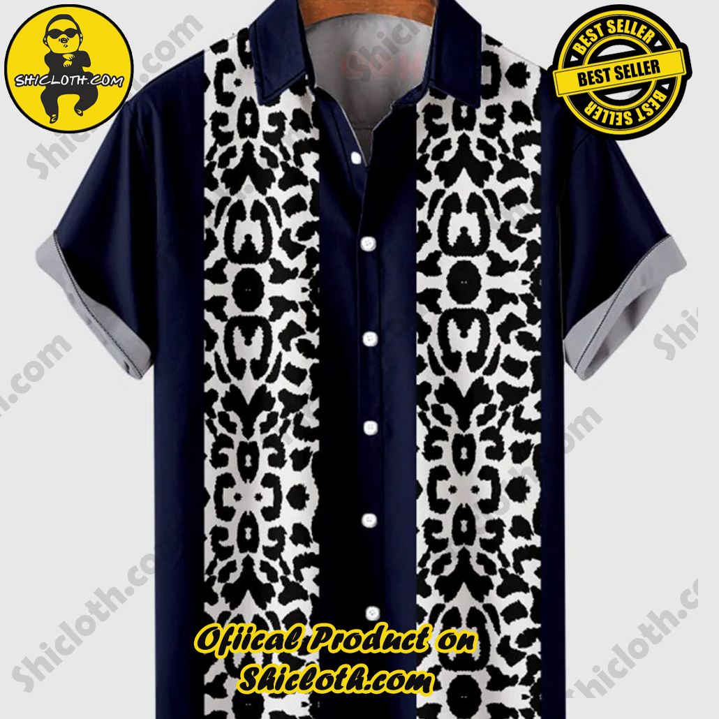Sway into Summer Bliss with Shiclothshop's Tropical Elegance: The Hawaiian Shirt Collection 29 HOO 1960s Leopard Stripe & Blue Stitching Men's Hawaiian Shirt And Short