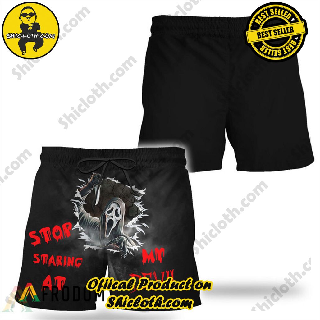 Shicloth's Tropical Elegance: Embrace Summer Vibes with Our Hawaiian Shirt and Shorts Set 134 Horror Stop Staring At My Devil Hawaiian Shorts