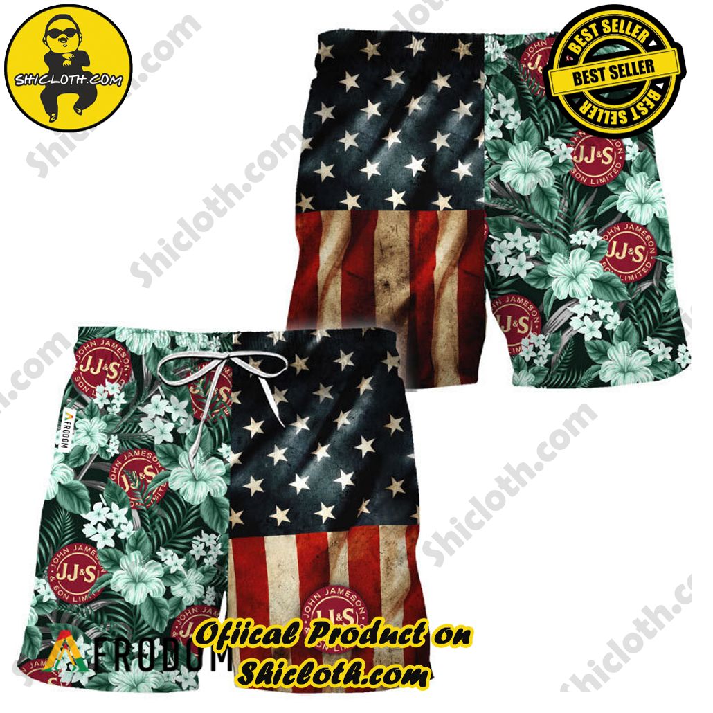 Shicloth's Tropical Elegance: Embrace Summer Vibes with Our Hawaiian Shirt and Shorts Set 135 Jameson American Flag Tropical Flower Hawaiian Shorts