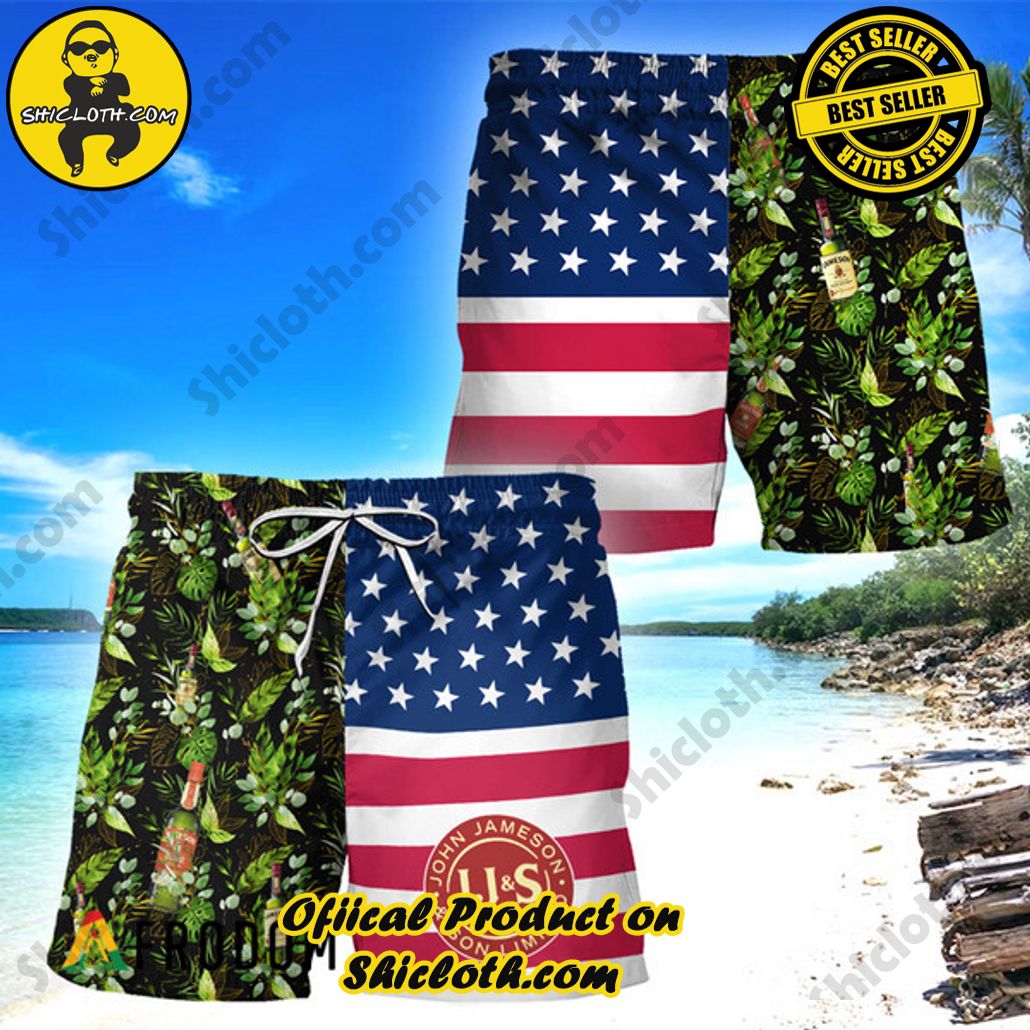 Shicloth's Tropical Elegance: Embrace Summer Vibes with Our Hawaiian Shirt and Shorts Set 136 Jameson Flower American Flag Hawaiian Shorts