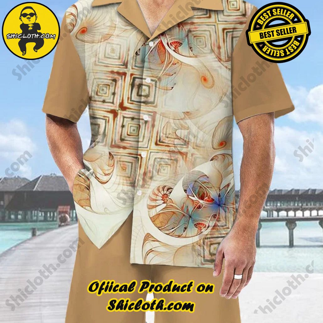 Bare the Breeze: Shiclothshop's Short Sleeve Shirts Unveiled 135 Khaki Vintage Watercolor Style Rendering Painting Printing Hawaiian Cuban Collar Short Sleeve Shirt Set