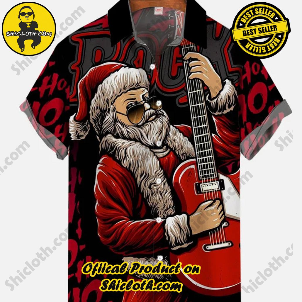 Bare the Breeze: Shiclothshop's Short Sleeve Shirts Unveiled 43 Merry Christmas Rockstar Santa With Red Electric Guitar Printing Short Sleeve Shirt