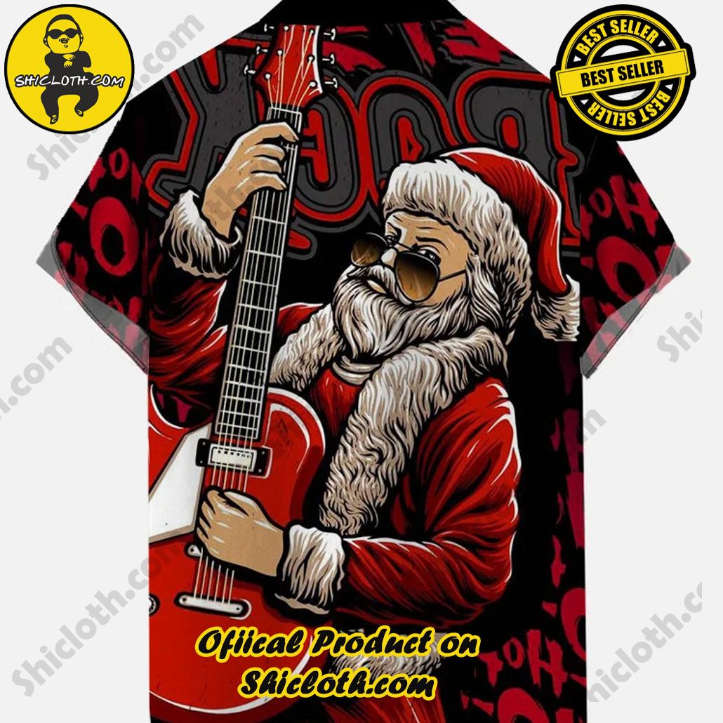 Merry Christmas Rockstar Santa With Red Electric Guitar Printing Short Sleeve Shirt Merry Christmas Rockstar Santa With Red Electric Guitar Printing Short Sleeve Shirt