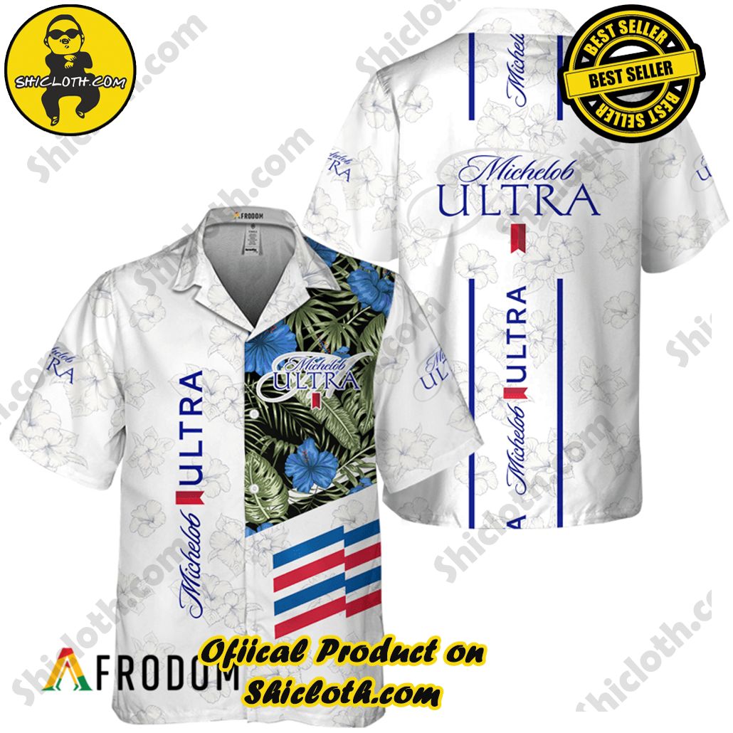 Shicloth's Tropical Elegance: Embrace Summer Vibes with Our Hawaiian Shirt and Shorts Set 172 Michelob ULTRA White Tropical Flower Hawaiian Shirt