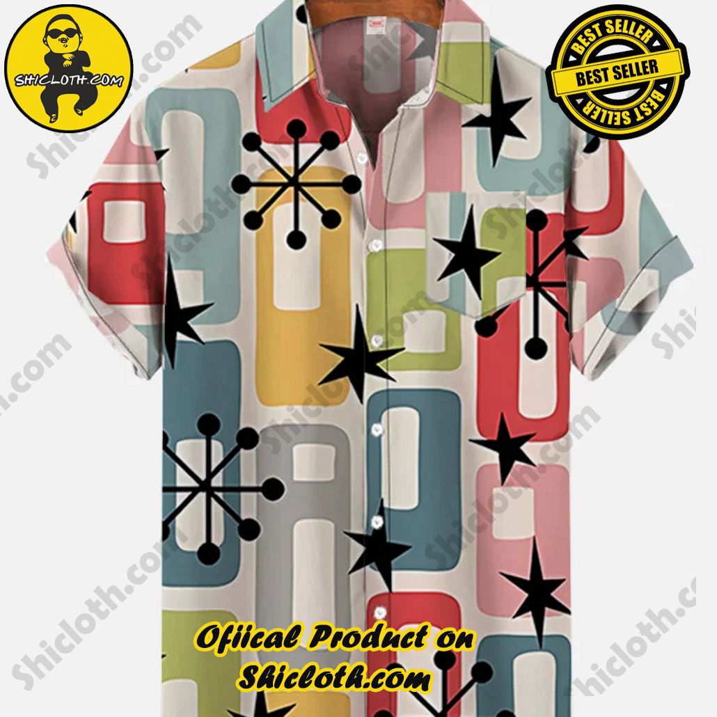 Shiclothshop's Short Sleeve Shirts – Effortless Elegance and Contemporary Comfort 27 Mid Century Modern Retro Wide-Sided Rectangular Black Star And Atomic Starbursts Printing Breast Pocket Short Sleeve Shirt