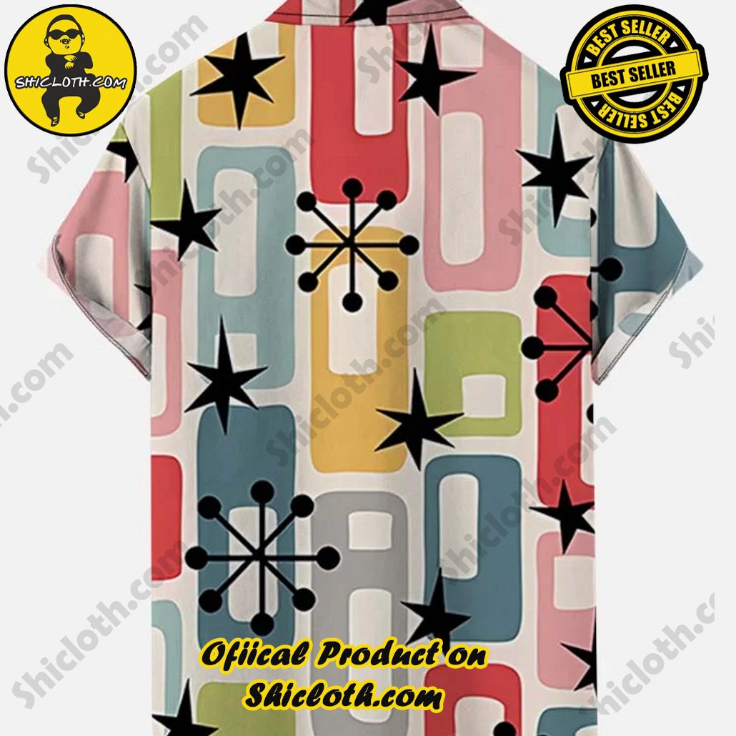 Mid Century Modern Retro Wide-Sided Rectangular Black Star And Atomic Starbursts Printing Breast Pocket Short Sleeve Shirt 2 Mid Century Modern Retro Wide-Sided Rectangular Black Star And Atomic Starbursts Printing Breast Pocket Short Sleeve Shirt - Image 2