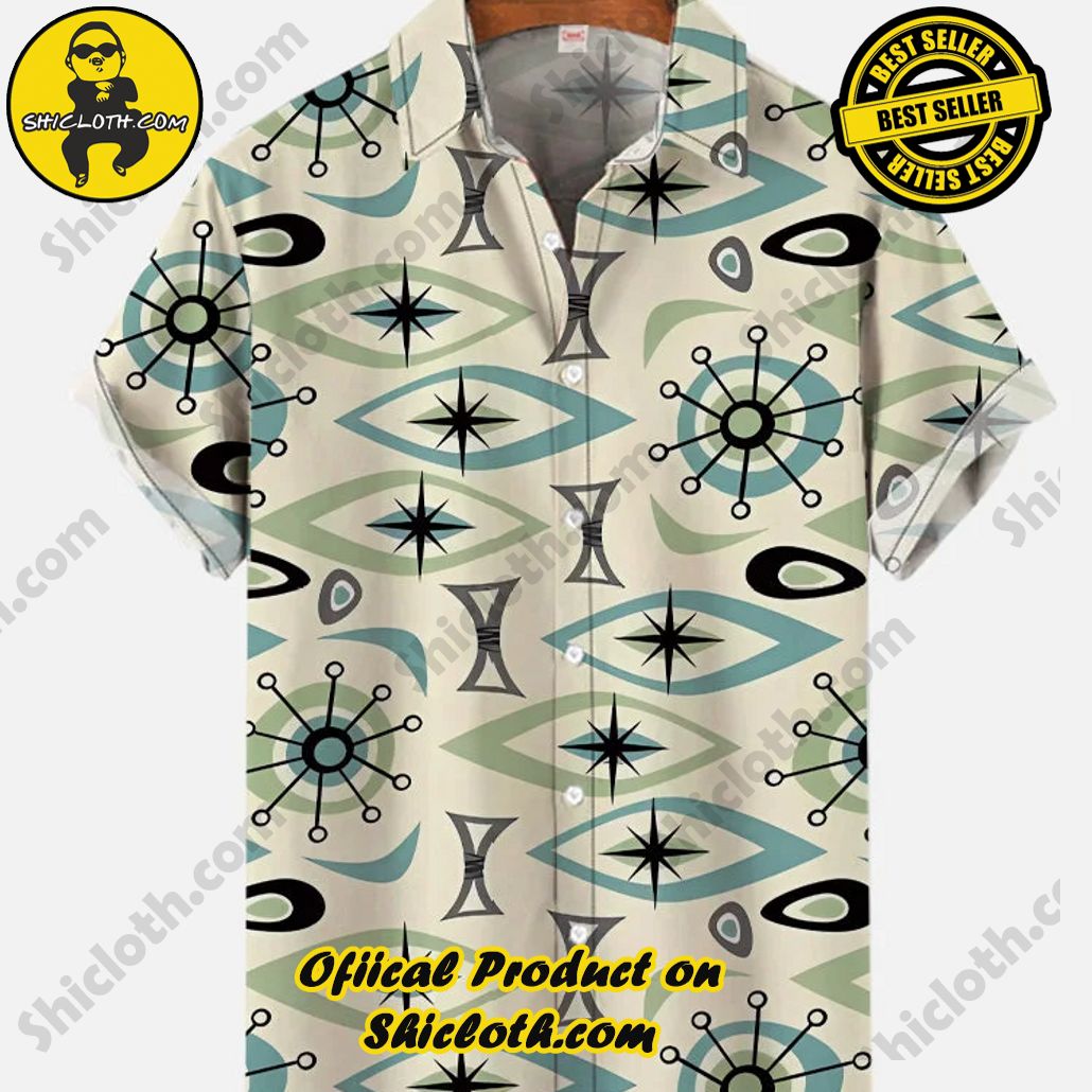 Shicloth's Tropical Elegance: Embrace Summer Vibes with Our Hawaiian Shirt and Shorts Set 43 Mid-Century Modern Themed Atomic Star Printing Short Sleeve Shirt