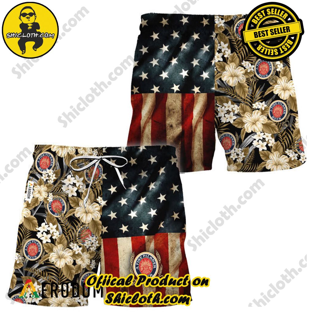 Shicloth's Tropical Elegance: Embrace Summer Vibes with Our Hawaiian Shirt and Shorts Set 178 Miller Lite American Flag Tropical Flower Hawaiian Shorts
