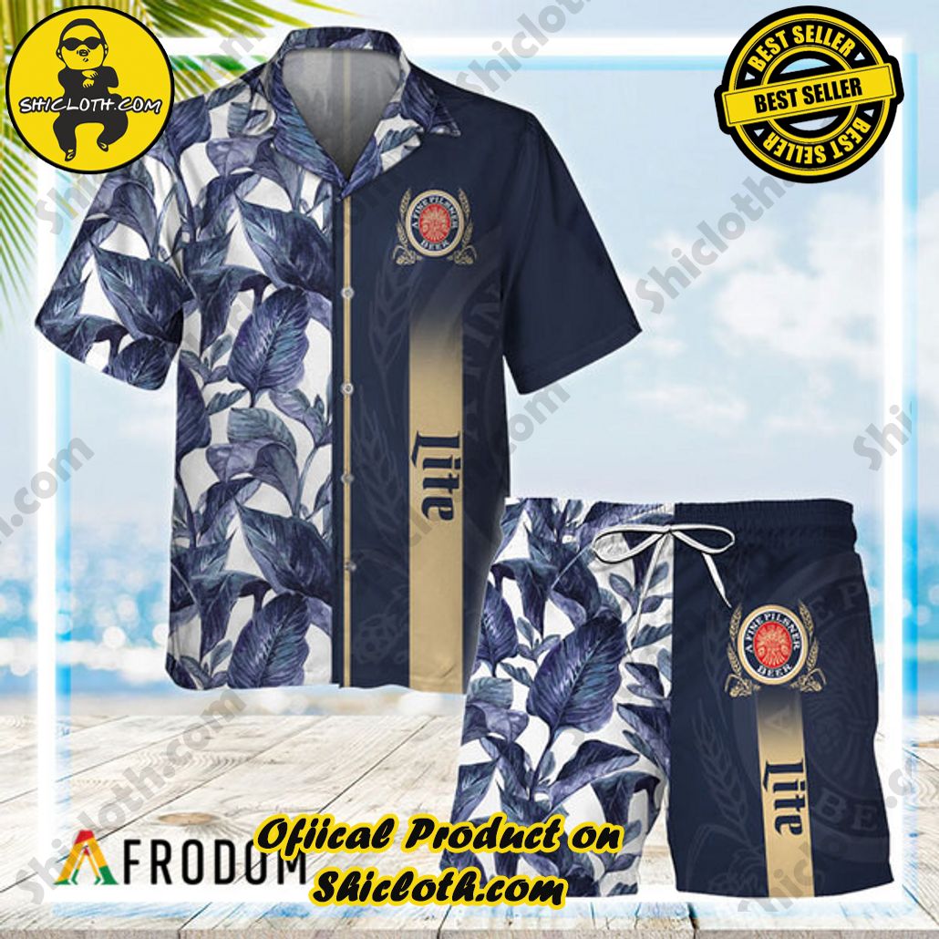 Shicloth's Tropical Elegance: Embrace Summer Vibes with Our Hawaiian Shirt and Shorts Set 183 Miller Lite Tropical Leaf Hawaiian Shirt And Shorts Set