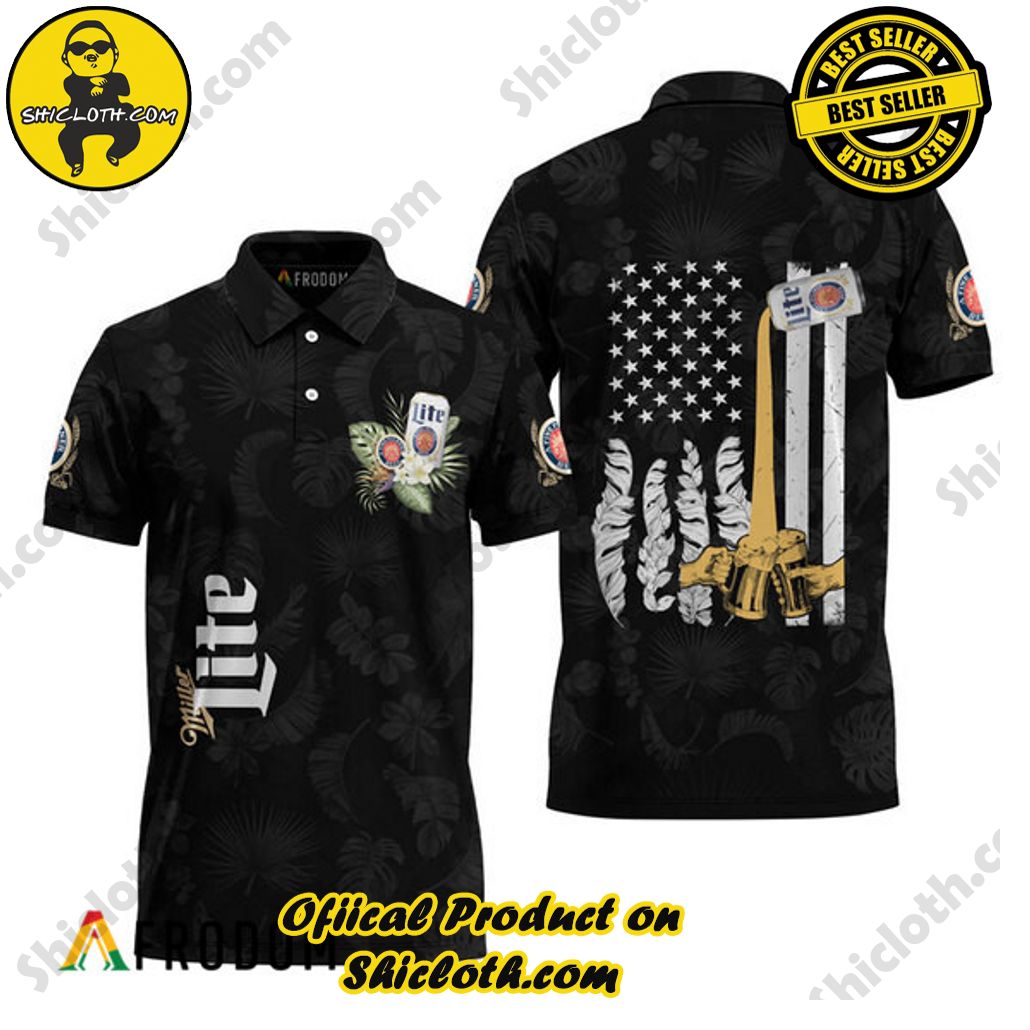 Shicloth's Tropical Elegance: Embrace Summer Vibes with Our Hawaiian Shirt and Shorts Set 186 Miller Lite US Flag Black Hawaiian Polo Shirt