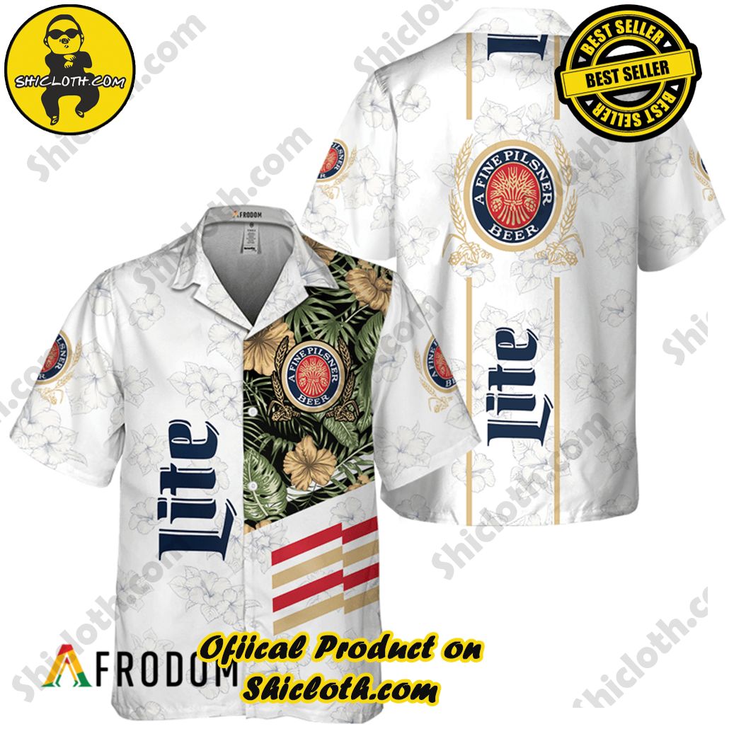 Shicloth's Tropical Elegance: Embrace Summer Vibes with Our Hawaiian Shirt and Shorts Set 187 Miller Lite White Tropical Flower Hawaiian Shirt