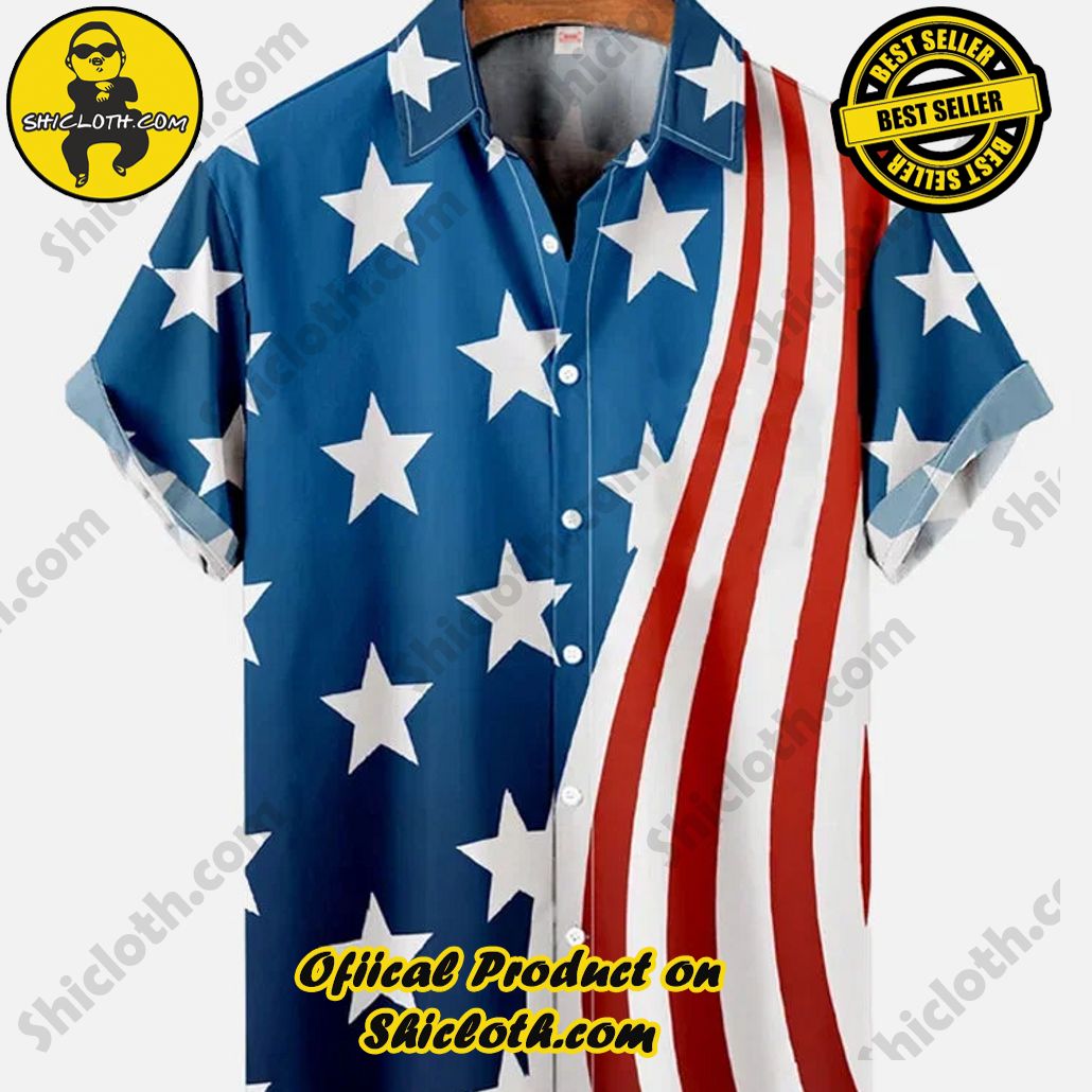 Shicloth's Tropical Elegance: Embrace Summer Vibes with Our Hawaiian Shirt and Shorts Set 45 Nation Stars And Stripes Flag Printing Short Sleeve Shirt