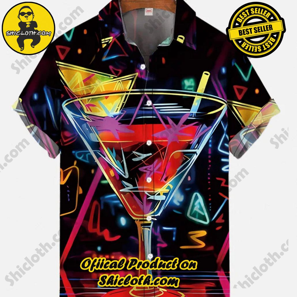 Shicloth's Tropical Elegance: Embrace Summer Vibes with Our Hawaiian Shirt and Shorts Set 46 Night Club Cool Music Bar Cocktails Colorful Glasses Printing Short Sleeve Shirt