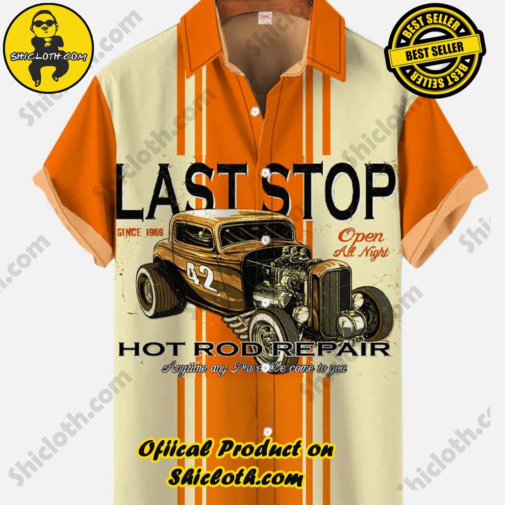 Shicloth's Tropical Elegance: Embrace Summer Vibes with Our Hawaiian Shirt and Shorts Set 47 Orange And Yellow Stitching Vintage Car Last Stop HOT ROD Repair Printing Short Sleeve Shirt