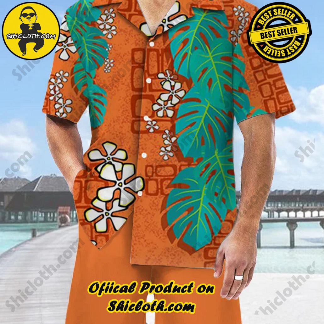 Bare the Breeze: Shiclothshop's Short Sleeve Shirts Unveiled 137 Orange Vintage Hawaiian Leaf And Floral Print Hawaiian Cuban Collar Short Sleeve Shirt Set