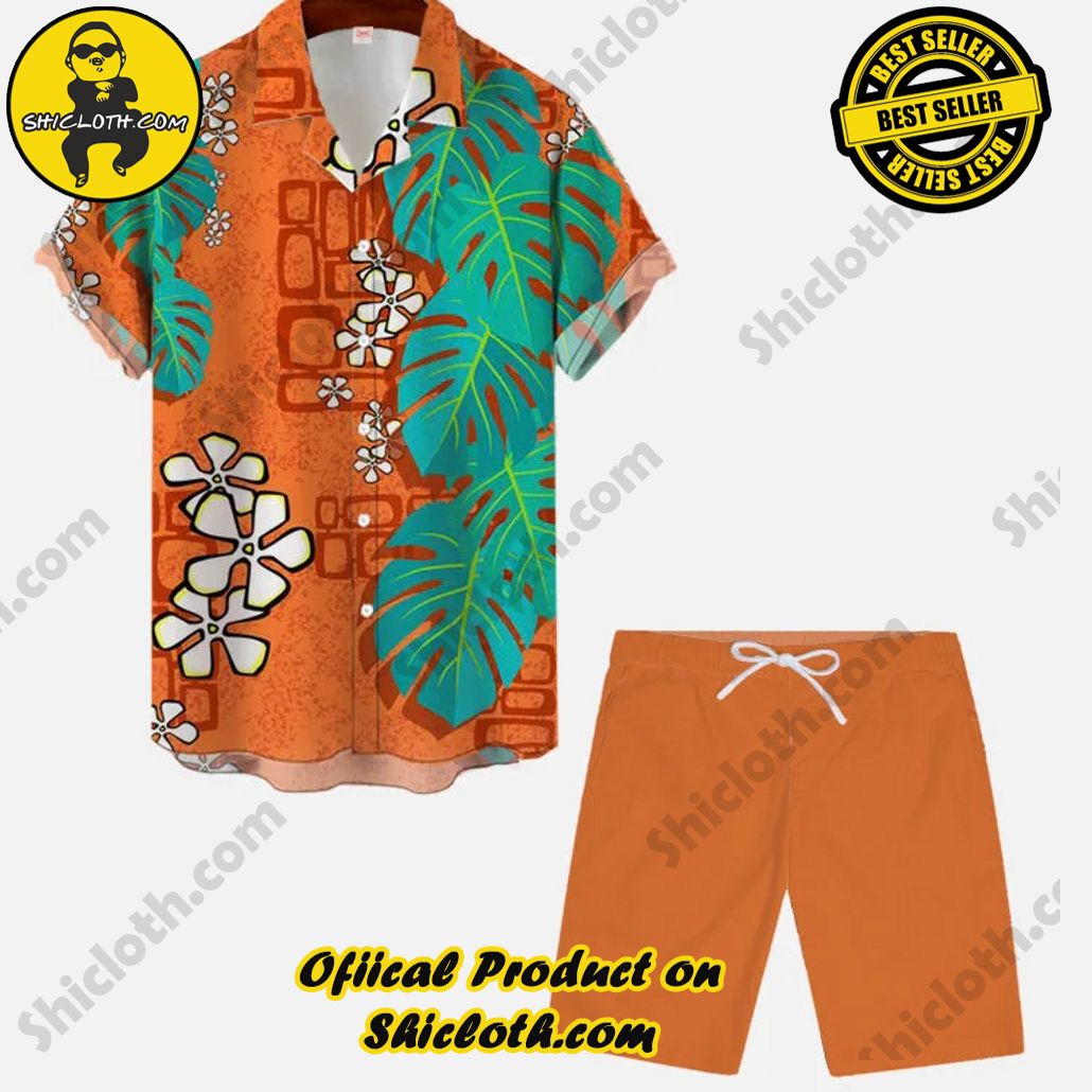 Orange Vintage Hawaiian Leaf And Floral Print Hawaiian Cuban Collar Short Sleeve Shirt Set Orange Vintage Hawaiian Leaf And Floral Print Hawaiian Cuban Collar Short Sleeve Shirt Set