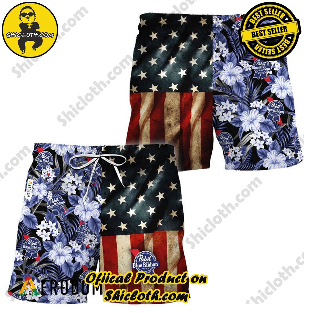 Shicloth's Tropical Elegance: Embrace Summer Vibes with Our Hawaiian Shirt and Shorts Set 194 Pabst Blue Ribbon American Flag Tropical Flower Hawaiian Shorts