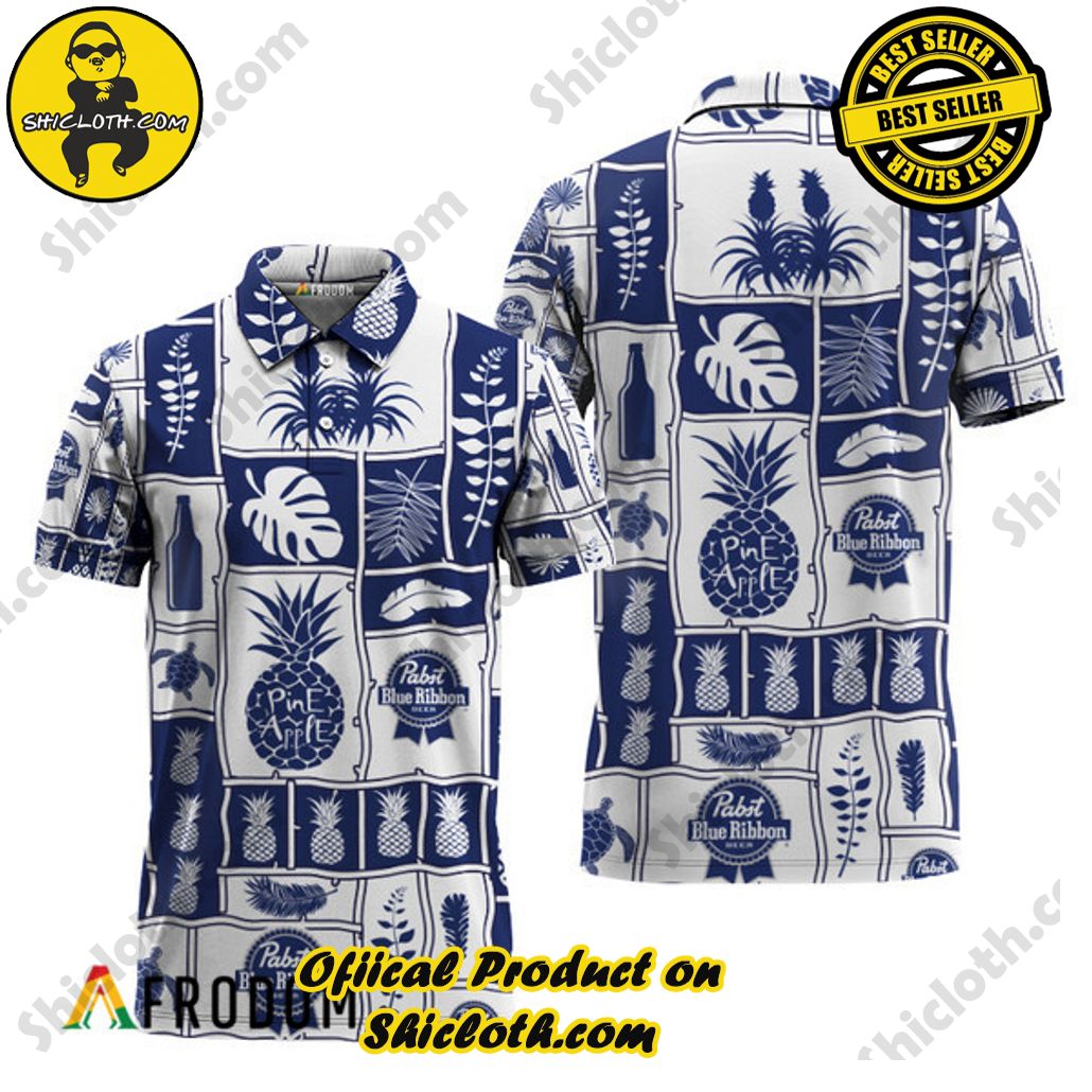Shicloth's Tropical Elegance: Embrace Summer Vibes with Our Hawaiian Shirt and Shorts Set 195 Pabst Blue Ribbon Blue Tropical Pineapple Hawaiian Polo Shirt