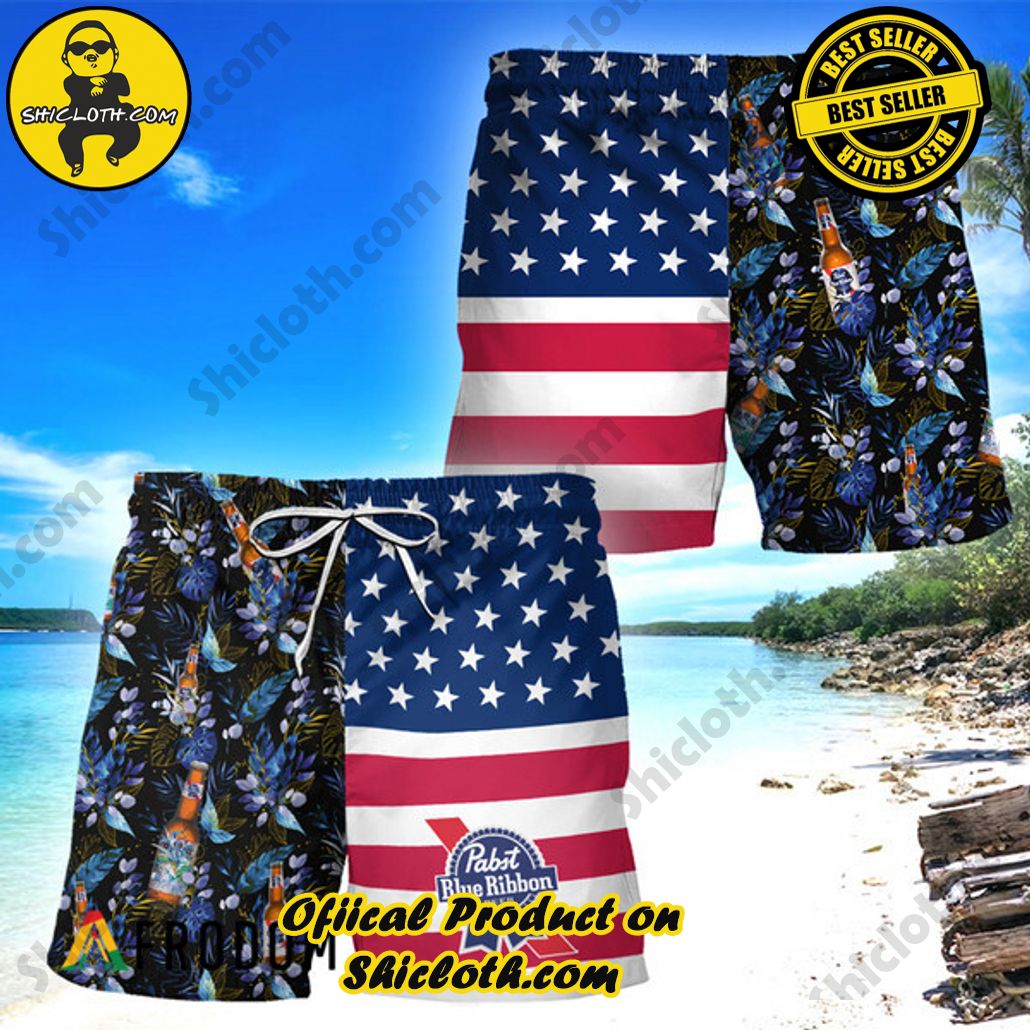 Shicloth's Tropical Elegance: Embrace Summer Vibes with Our Hawaiian Shirt and Shorts Set 196 Pabst Blue Ribbon Flower American Flag Hawaiian Shorts PBR Swim Trunks