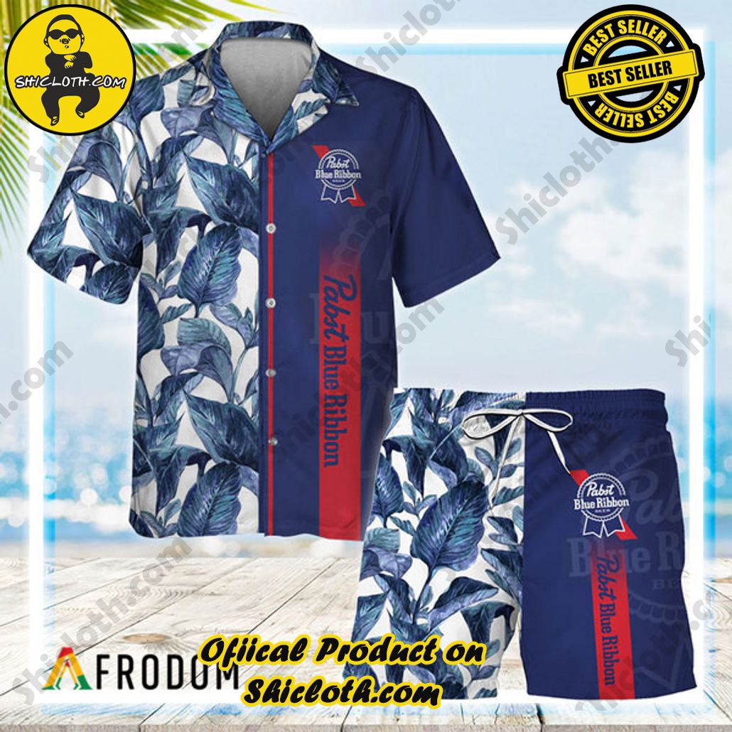 Shicloth's Island Chic: Unleash the Summer Spirit with Our Hawaiian Shirt and Shorts Ensemble 5 Pabst Blue Ribbon Tropical Leaf Hawaiian Shirt And Shorts Set