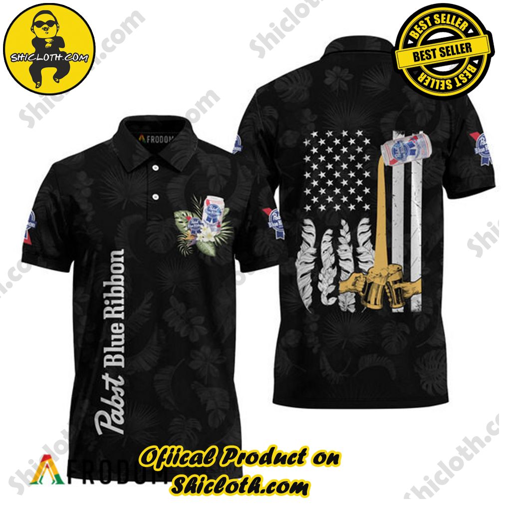 Pabst Blue Ribbon US Flag Black Hawaiian Polo Shirt - Shicloth