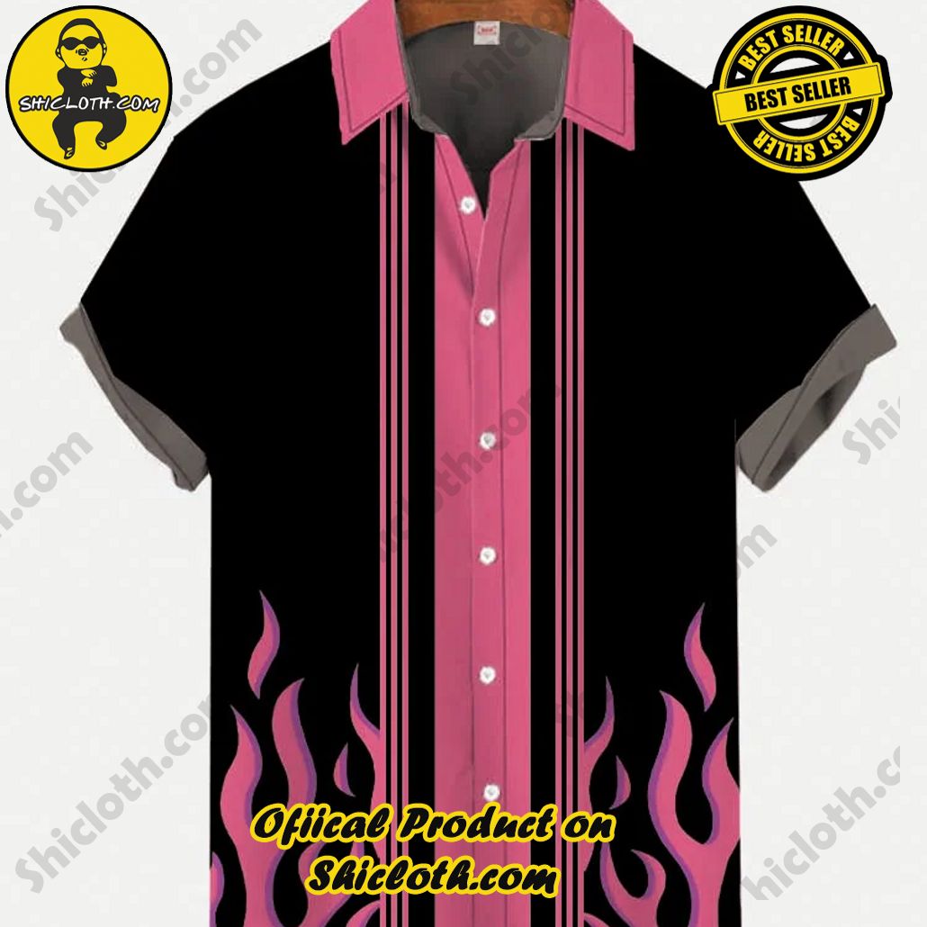 Bare the Breeze: Shiclothshop's Short Sleeve Shirts Unveiled 45 Pink Burning Fire Flame Black Pink Contrasting Color Printing Short Sleeve Shirt