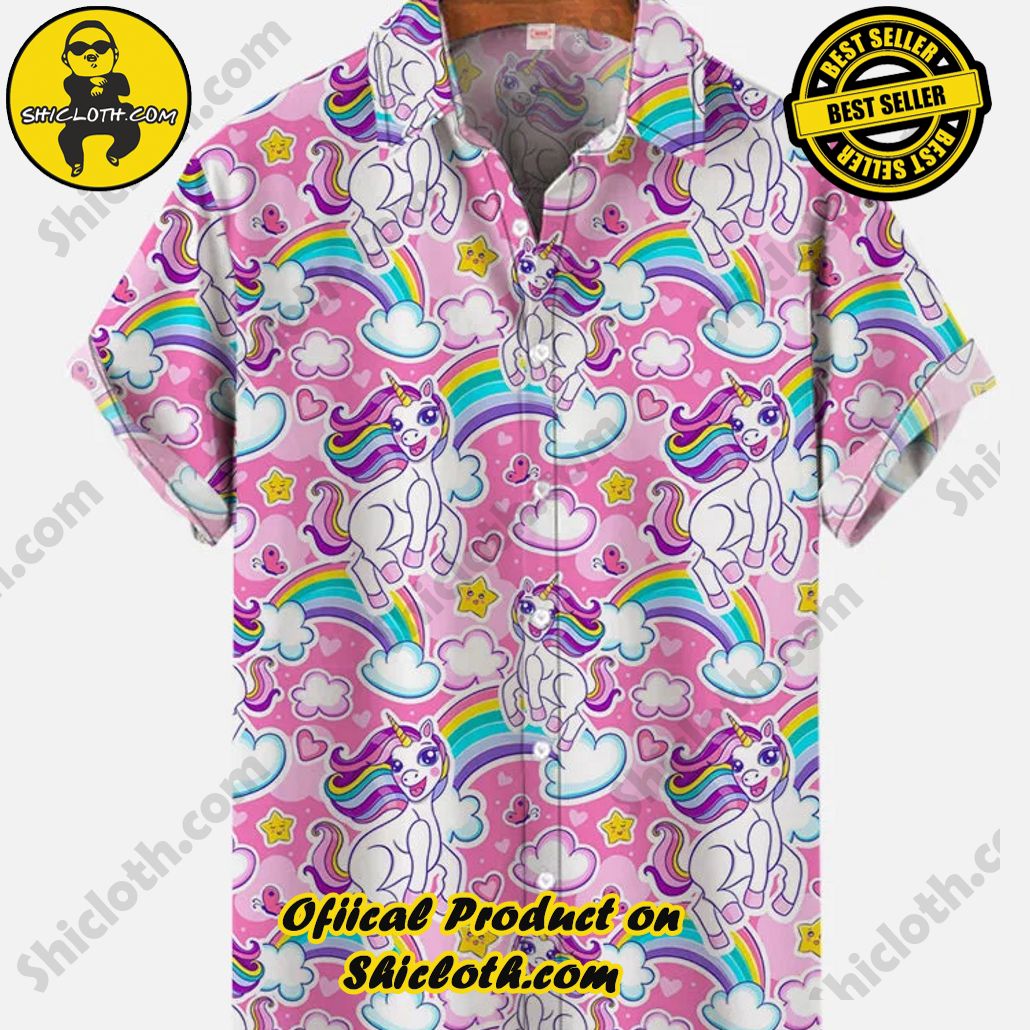 Shicloth's Tropical Elegance: Embrace Summer Vibes with Our Hawaiian Shirt and Shorts Set 49 Pink Cartoon Cute Star Rainbow Unicorn Printing Short Sleeve Shirt