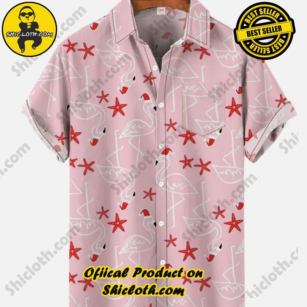 Bare the Breeze: Shiclothshop's Short Sleeve Shirts Unveiled 47 Pink Hawaiian Simple Drawing Flamingos And Stars Printing Breast Pocket Short Sleeve Shirt