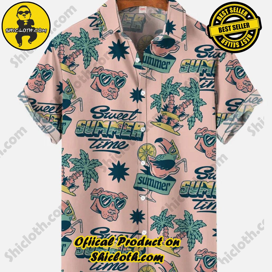 Bare the Breeze: Shiclothshop's Short Sleeve Shirts Unveiled 138 Pink Hawaiian Tropical Trees And Stylish Sunglasses Dog Printing Breast Pocket Short Sleeve Shirt