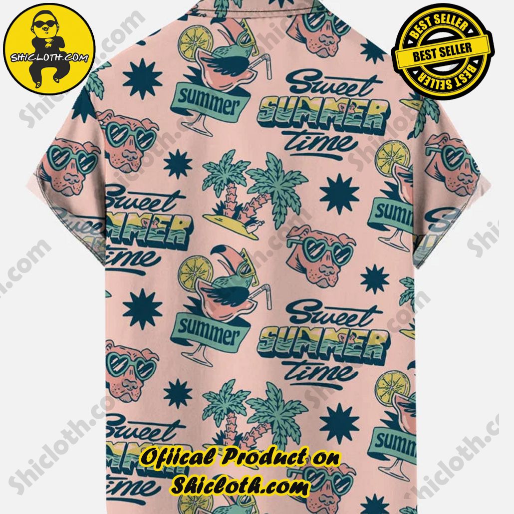 Pink Hawaiian Tropical Trees And Stylish Sunglasses Dog Printing Breast Pocket Short Sleeve Shirt Pink Hawaiian Tropical Trees And Stylish Sunglasses Dog Printing Breast Pocket Short Sleeve Shirt