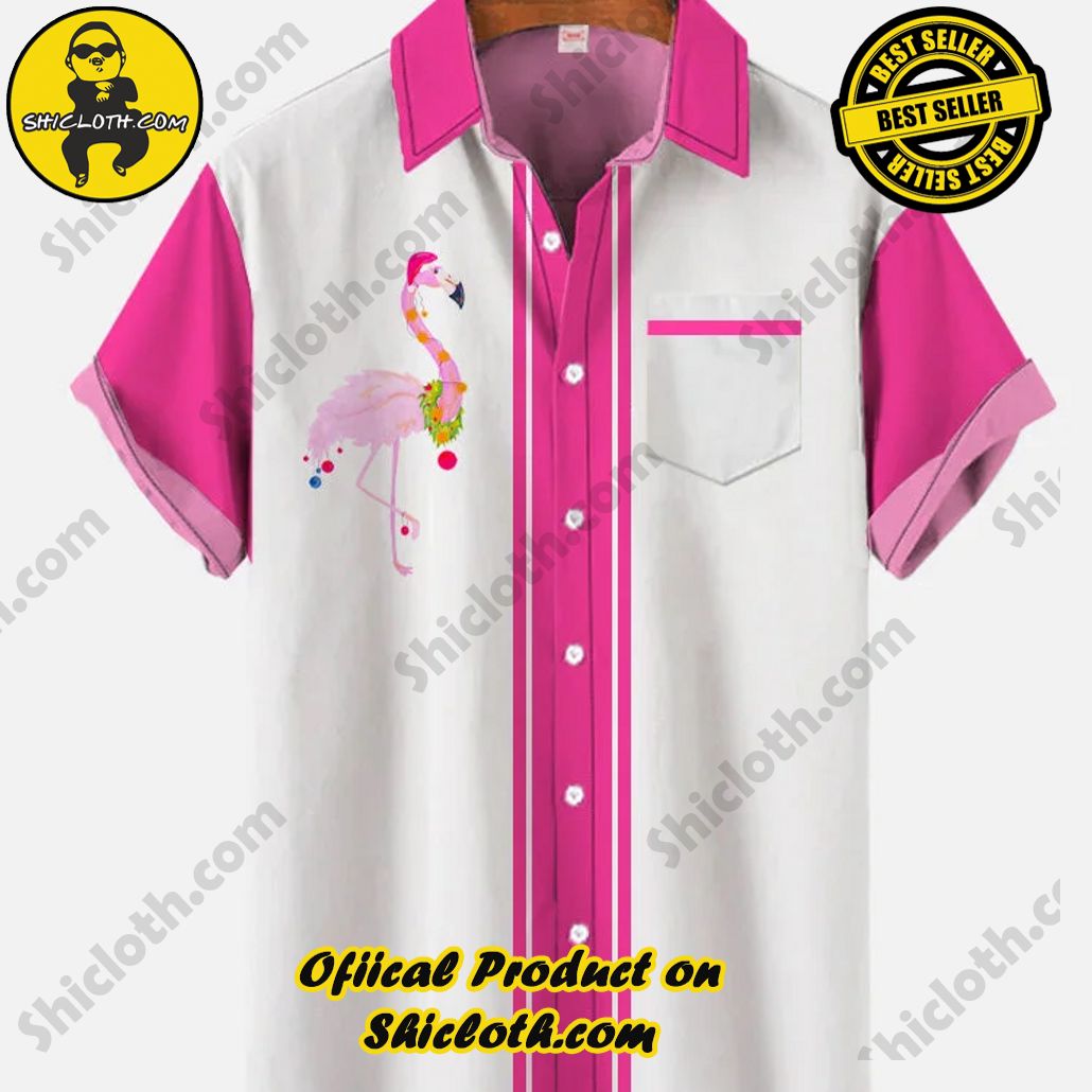 Bare the Breeze: Shiclothshop's Short Sleeve Shirts Unveiled 139 Pink White Contrasting Color And Christmas Dress Up Flamingo Printing Short Sleeve Shirt