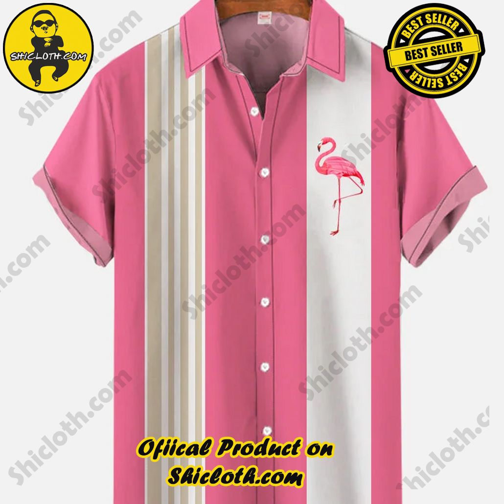 Shicloth's Tropical Elegance: Embrace Summer Vibes with Our Hawaiian Shirt and Shorts Set 50 Pink White Contrasting Color And Flamingo Printing Hawaiian Short Sleeve Shirt