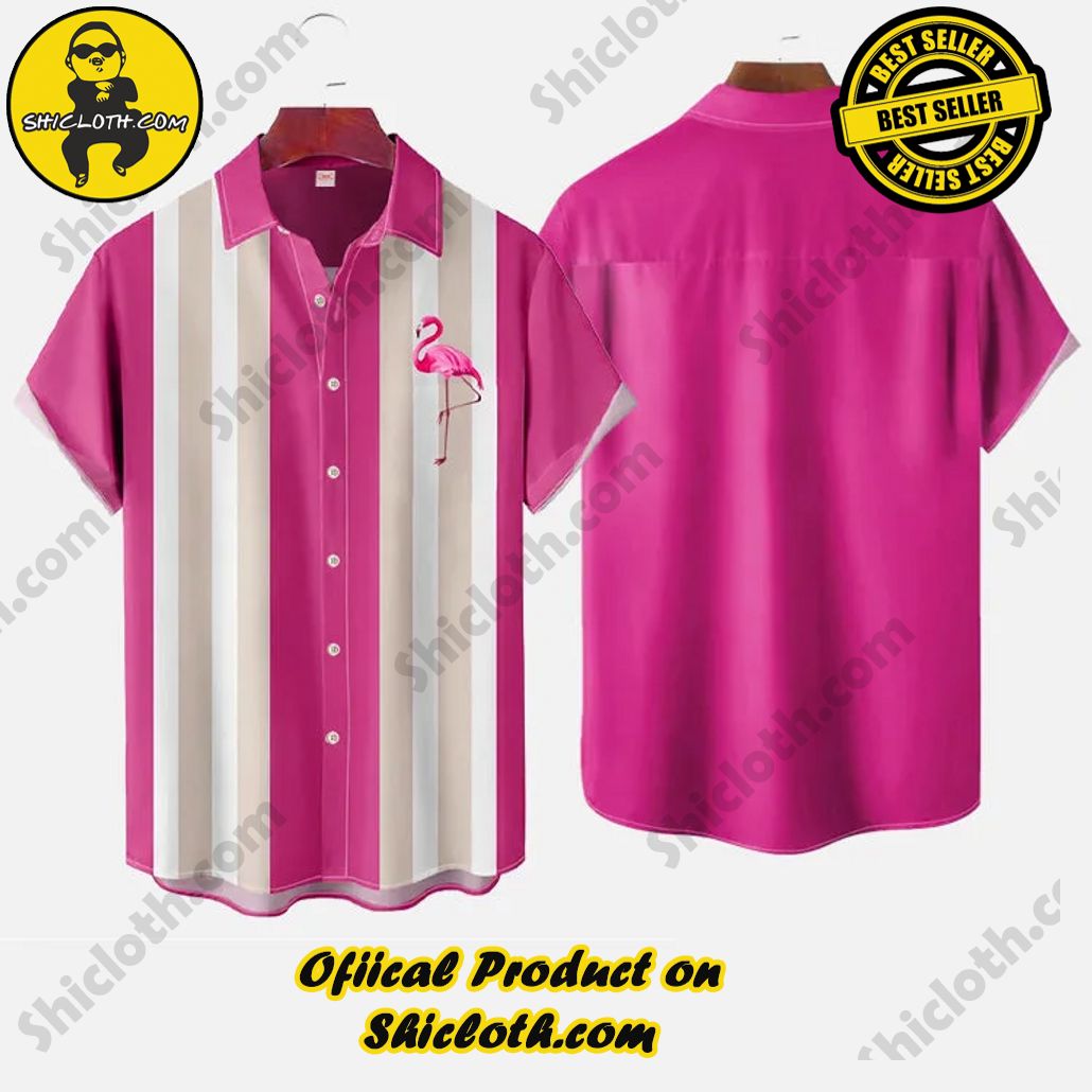Bare the Breeze: Shiclothshop's Short Sleeve Shirts Unveiled 140 Pink White Stripes Contrasting Color And Flamingo Printing Funny Summer Hawaiian Short Sleeve Shirt