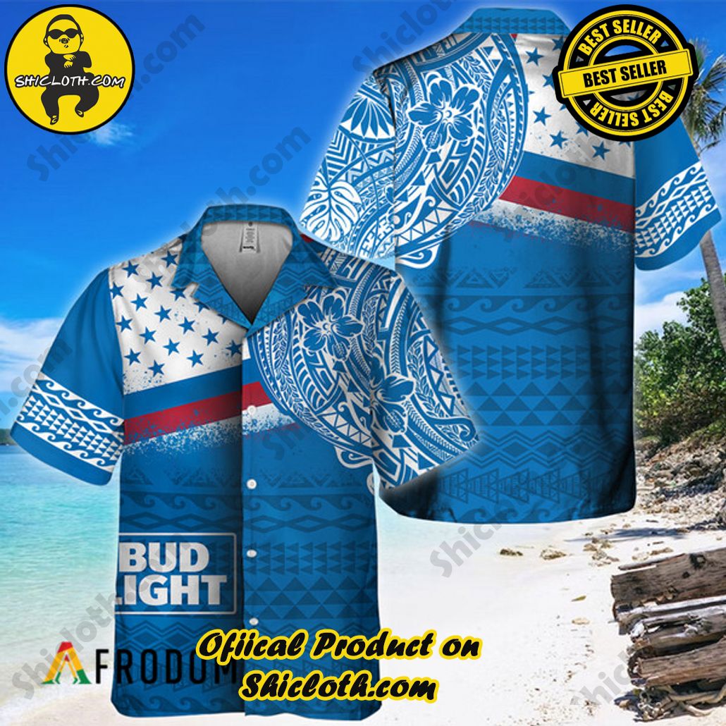 Shicloth's Island Chic: Unleash the Summer Spirit with Our Hawaiian Shirt and Shorts Ensemble 47 Polynesian Blue Bud Light Beer Hawaiian Shirt