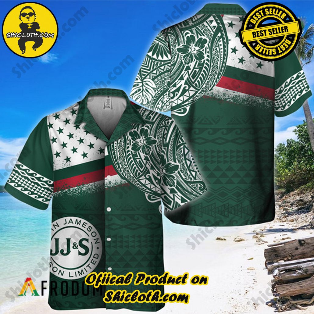 Shicloth's Island Chic: Unleash the Summer Spirit with Our Hawaiian Shirt and Shorts Ensemble 49 Polynesian Green Jameson Whiskey Hawaiian Shirt