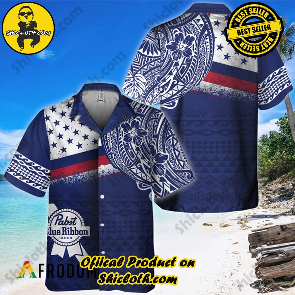 Shicloth's Island Chic: Unleash the Summer Spirit with Our Hawaiian Shirt and Shorts Ensemble 50 Polynesian Navy Pabst Blue Ribbon Hawaiian Shirt