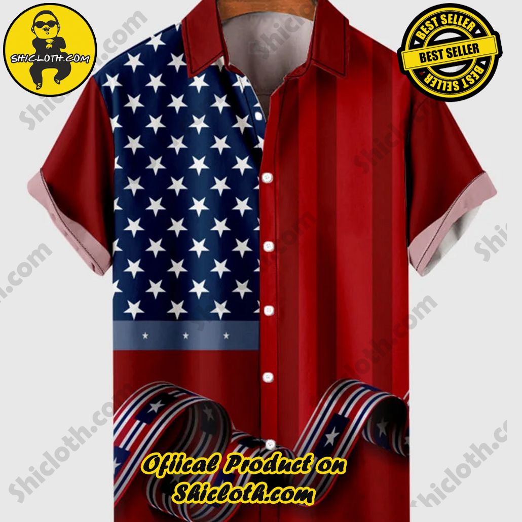 Shiclothshop's Short Sleeve Shirts – Effortless Elegance and Contemporary Comfort 30 Red American Stars and Stripes Flag Nation Printing Men's Short Sleeve Shirt