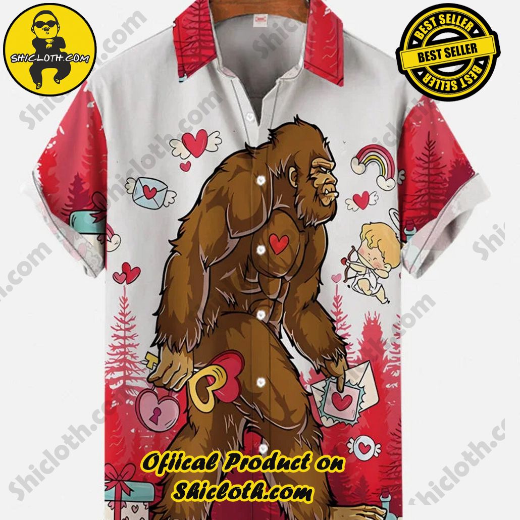 Bare the Breeze: Shiclothshop's Short Sleeve Shirts Unveiled 143 Red and White Stitching Gorilla And Cupid Love Letter Printing Short Sleeve Shirt