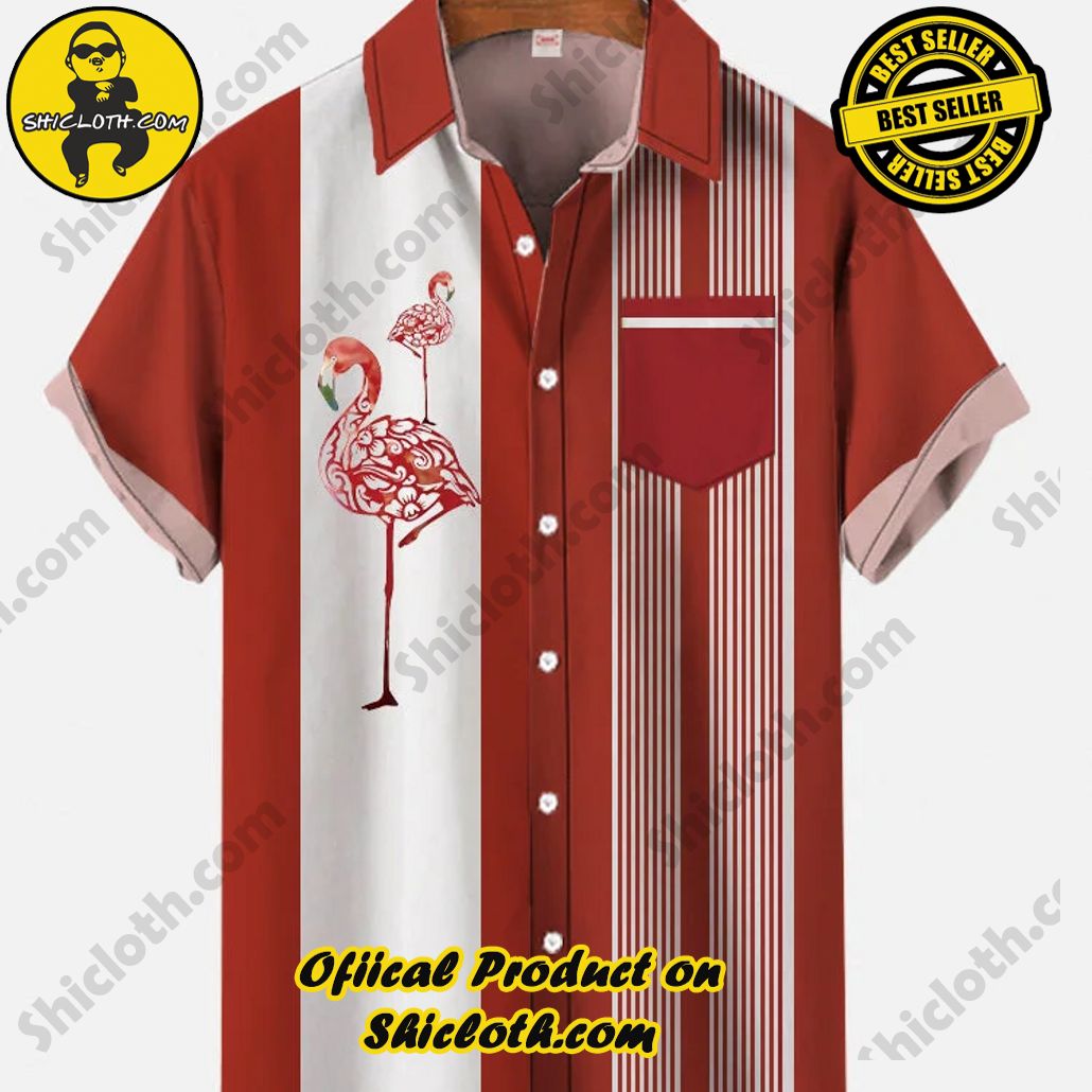 Bare the Breeze: Shiclothshop's Short Sleeve Shirts Unveiled 144 Red White Stripes Contrasting Color And Flamingo Printing Funny Hawaiian Short Sleeve Shirt