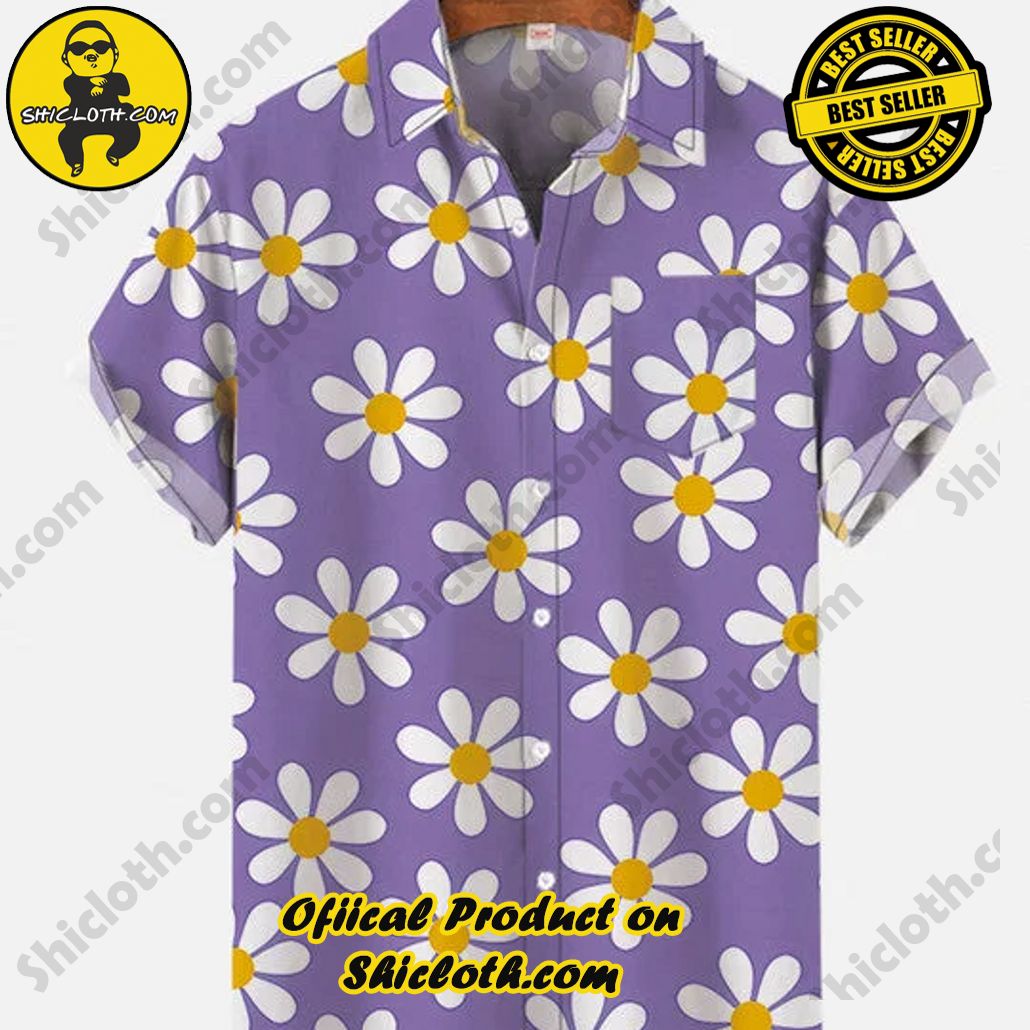 Shicloth's Tropical Elegance: Embrace Summer Vibes with Our Hawaiian Shirt and Shorts Set 54 Retro 90s Vintage Purple Daisy Printing Breast Pocket Short Sleeve Shirt