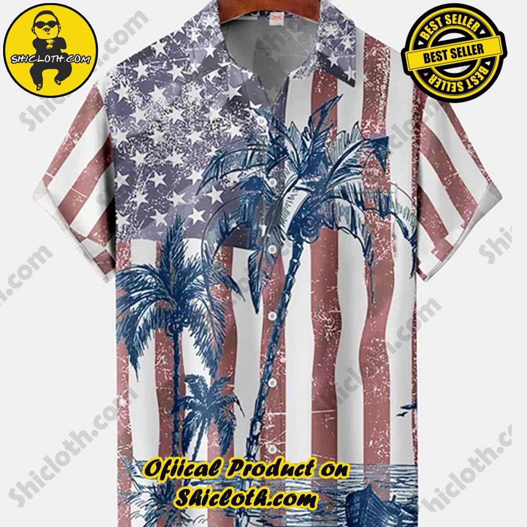 Bare the Breeze: Shiclothshop's Short Sleeve Shirts Unveiled 145 Retro American Flag Coconut Tree Hawaiian Short Sleeve Shirt