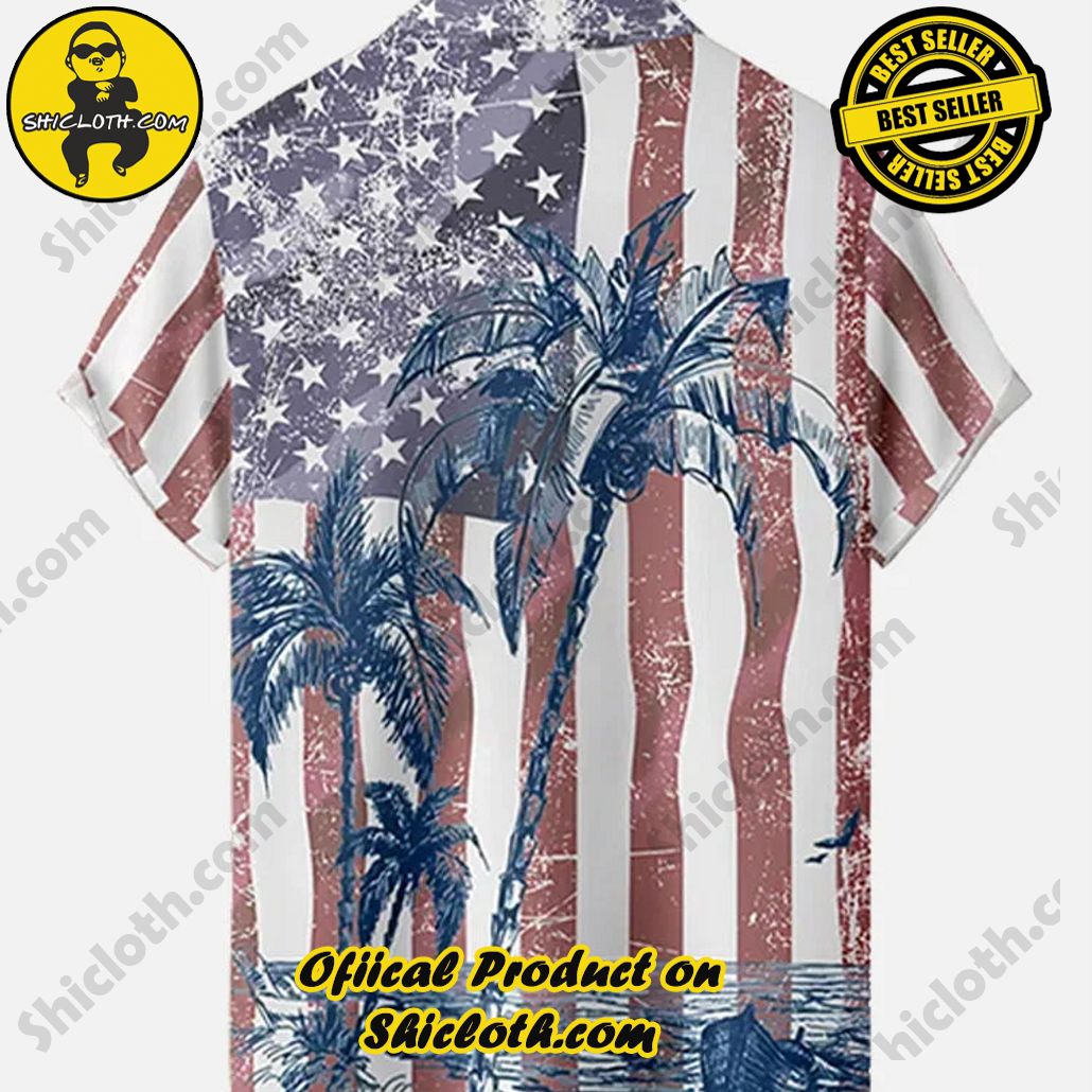 Retro American Flag Coconut Tree Hawaiian Short Sleeve Shirt Retro American Flag Coconut Tree Hawaiian Short Sleeve Shirt