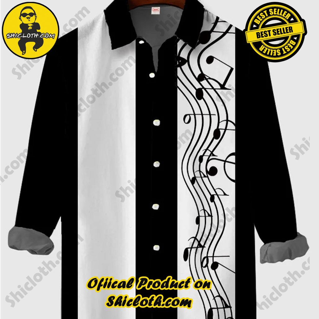 Shiclothshop's Short Sleeve Shirts – Effortless Elegance and Contemporary Comfort 31 Retro Black & White Stripe Wavy Sheet Music Printing Men's Long Sleeve Shirt