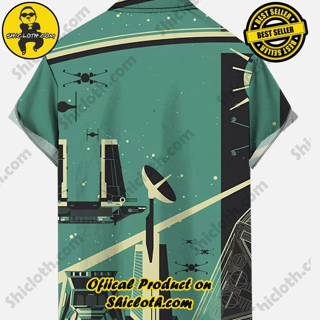 Retro Comic Style Space War Signal Station And Spaceship Printing Breast Pocket Short Sleeve Shirt Retro Comic Style Space War Signal Station And Spaceship Printing Breast Pocket Short Sleeve Shirt