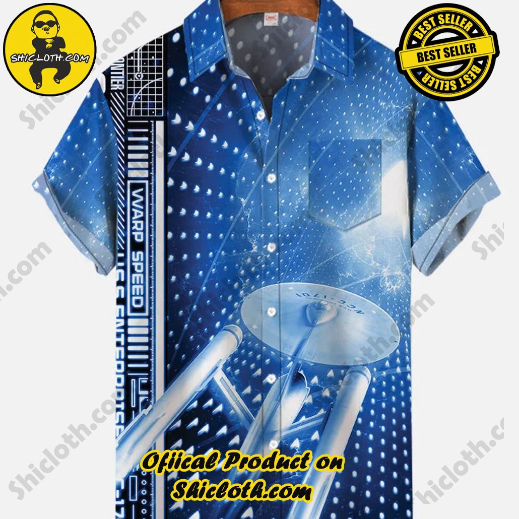 Bare the Breeze: Shiclothshop's Short Sleeve Shirts Unveiled 62 Retro Gradient Blue Poster Sci-Fi Interstellar Travel Spaceship Printing Breast Pocket Short Sleeve Shirt