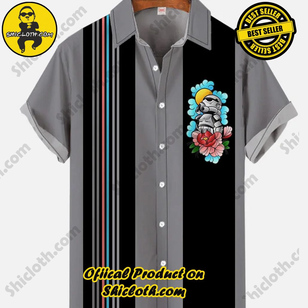 Shiclothshop's Short Sleeve Shirts – Effortless Elegance and Contemporary Comfort 32 Retro Gray Contrast Color Stripes Masked Samurai Printing Short Sleeve Shirt