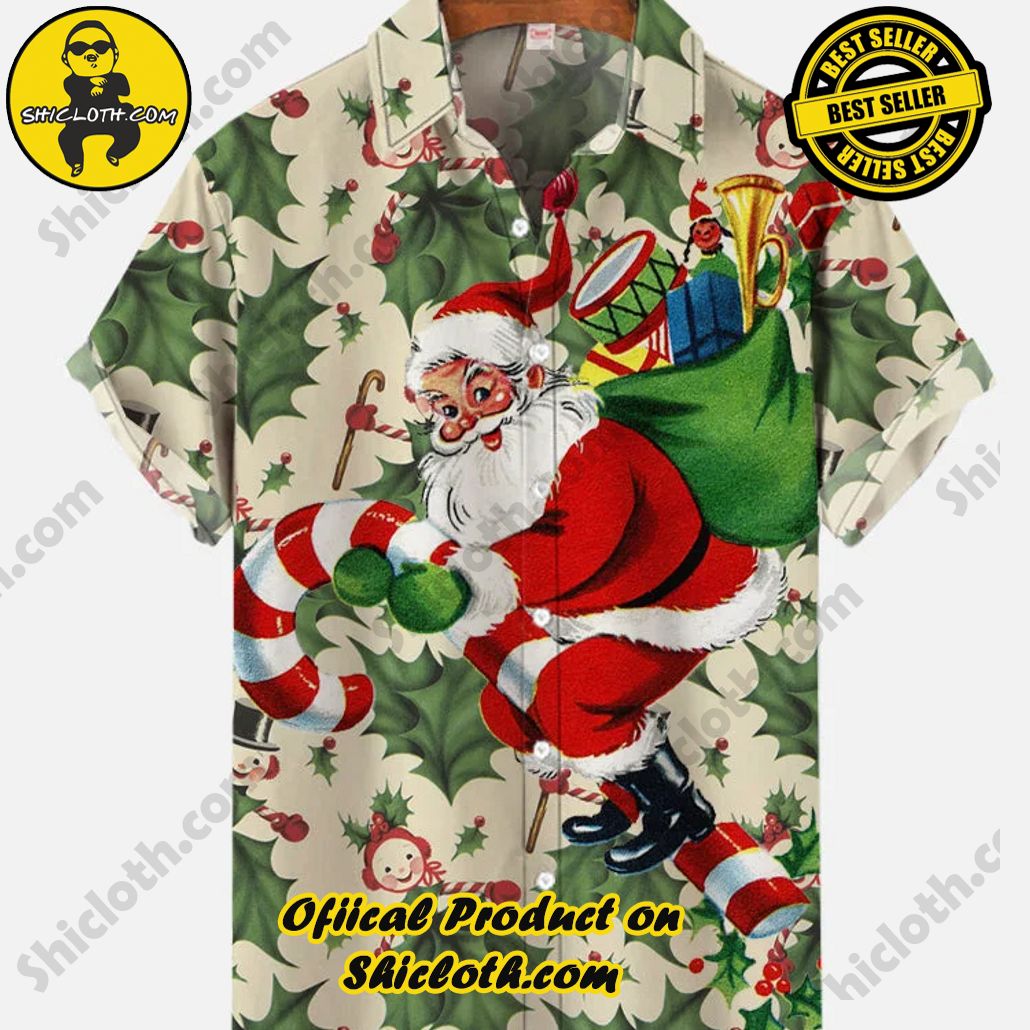 Retro Green Holly Leaves Red Berries Candy Cane And Santa Printing Men’s Short Sleeve Shirt Retro Green Holly Leaves Red Berries Candy Cane And Santa Printing Men’s Short Sleeve Shirt