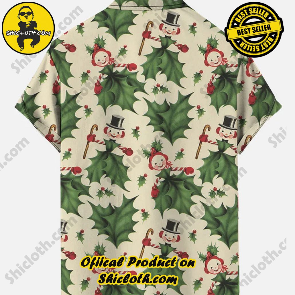Retro Green Holly Leaves Red Berries Candy Cane And Santa Printing Men’s Short Sleeve Shirt Retro Green Holly Leaves Red Berries Candy Cane And Santa Printing Men’s Short Sleeve Shirt