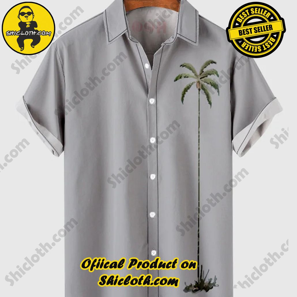 Sway into Summer Bliss with Shiclothshop's Tropical Elegance: The Hawaiian Shirt Collection 36 Retro LightGrey Coconut Palms Element Print Trendy Men's Hawaiian Shirt And Short