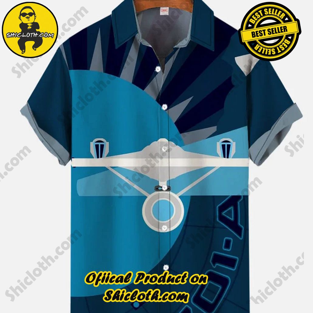 Retro Navy And Blue Poster Sci-Fi Interstellar Travel Spaceship Printing Short Sleeve Shirt Retro Navy And Blue Poster Sci-Fi Interstellar Travel Spaceship Printing Short Sleeve Shirt
